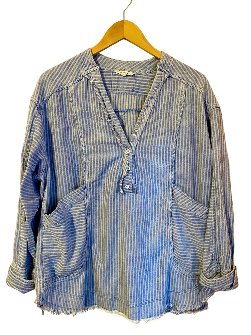 Bluevelvet Mineral Washed Railroad Striped Boho Tunic Henley Shirt Large